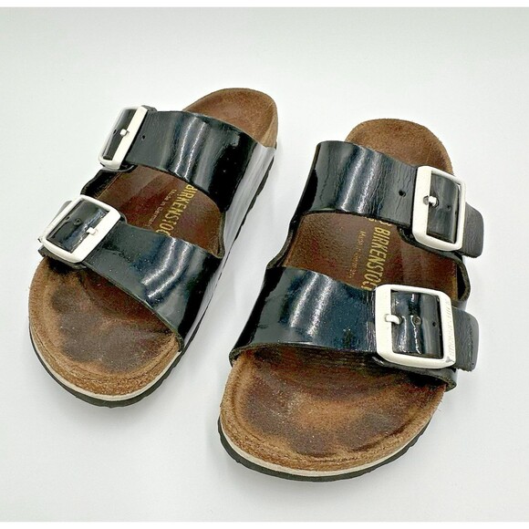 Birkenstock Arizona Patent Leather Black Sandals White Buckle Womens 38 US 7.5 - Picture 5 of 16